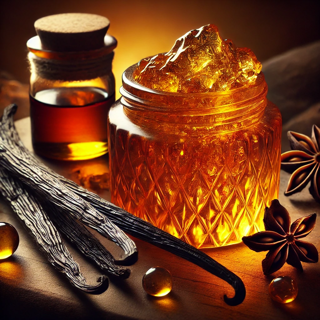 DALL·E 2025-03-27 17.44.01 - A beautifully arranged still life featuring amber resin and vanilla pods. The amber resin is warm golden-orange, glowing with a translucent richness, Ambre Divin 500 ML – Image 1